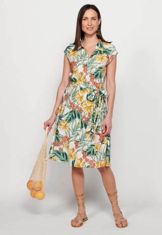 Vestido midi camisero de Manga corta con Cierre delantero con botones y Estampado floral de Color Blanco para Mujer