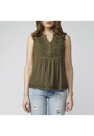 Blusa Fluida con Escote de pico Sin manga con Detalle bordados y puntilla en delantero de Color Kaki para Mujer