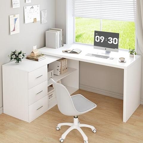Unikito Escritorio Reversible Para Computadora Con 5 Cajones, Escritorio De Oficina Resistente Con Tomas De Corriente Y Puertos USB, Mesa De Estudio Con Archivador Y Soporte De Impresora, Escritorio